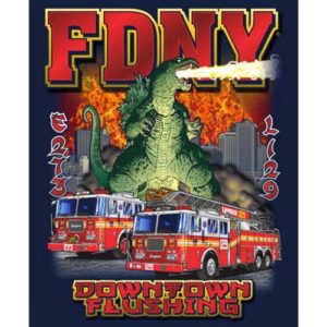 FDNY E-273 L-129 GODZILLA FLUSHING HOUSE T-SHIRT - Image 3