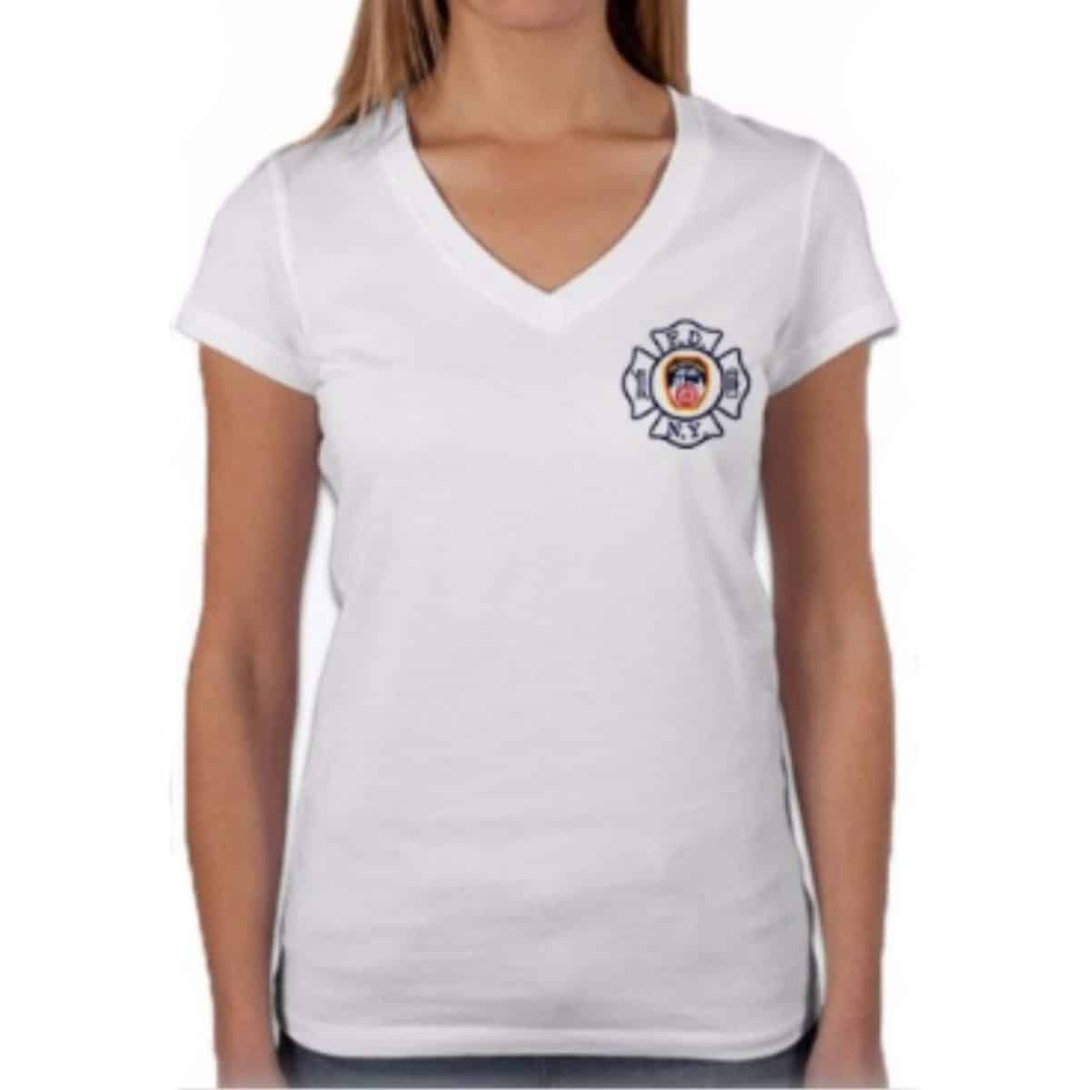 LADIES V-NECK MALTESE CROSS W/FDNY ON BACK T-SHIRT - WHITE