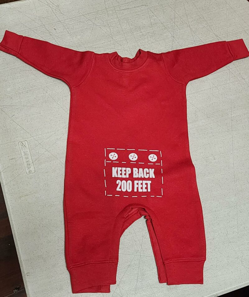 Baby red onesies KEEP BACK 200 FEET - Image 4