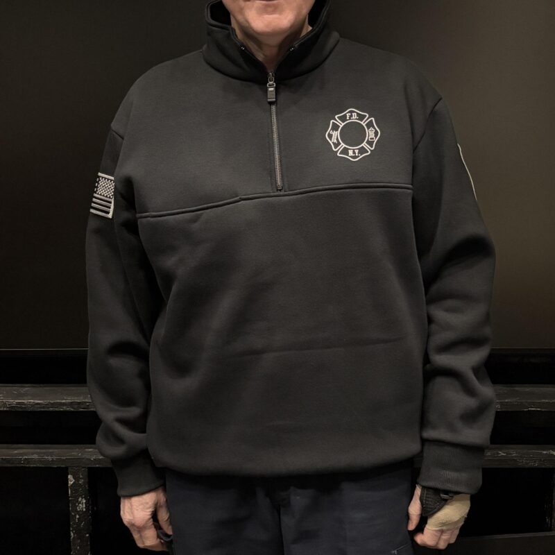 FDNY BLACK 1/4 ZIP SWEATSHIRT with Emblem Patch and Flag