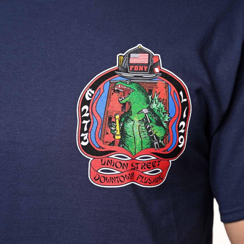 FDNY E-273 L-129 Godzilla Flushing House T-Shirt - Image 2